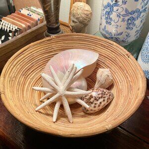 Vintage Round Pencil Reed Basket Handwoven Coiled Rattan Basket 12" diameter x 5